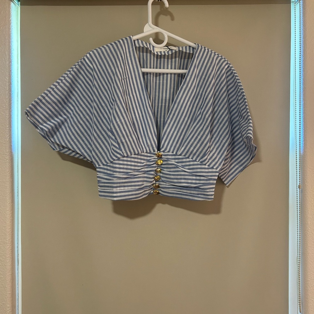 Striped Blue & White V-Neck Cropped Button Front Top